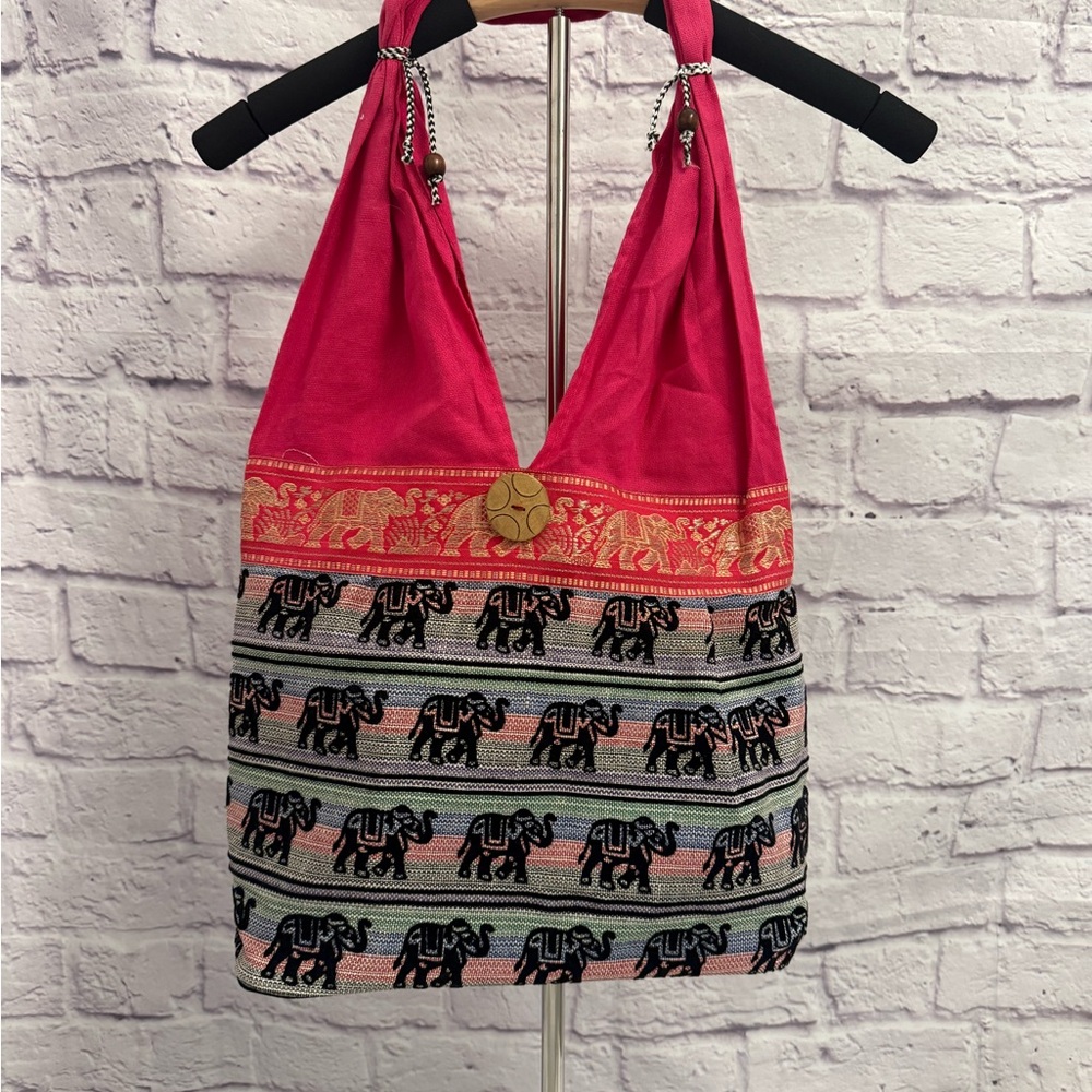 Pink Elephant Print Boho Tote Bag